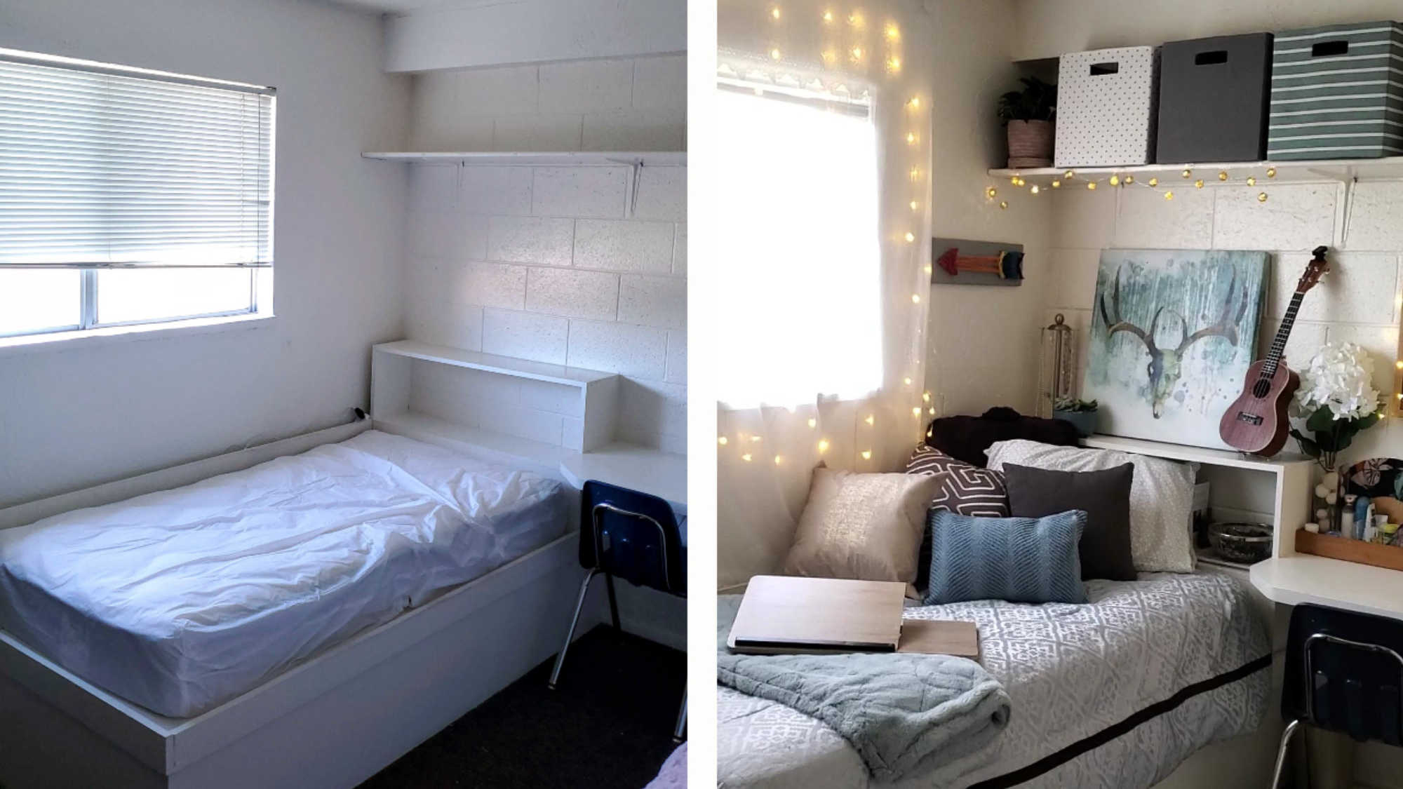A side-by-side image. On the left is the "before" image of a dorm room with no decor. On the right is the "after" photo, showing bedding, decor, and organizational items purchased from DI.